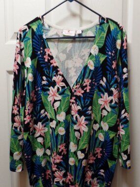 EUC Quacker Factory XL 18 20 Multicolor Floral SPARKLE! 3/4 Sleeve Knit Cardigan